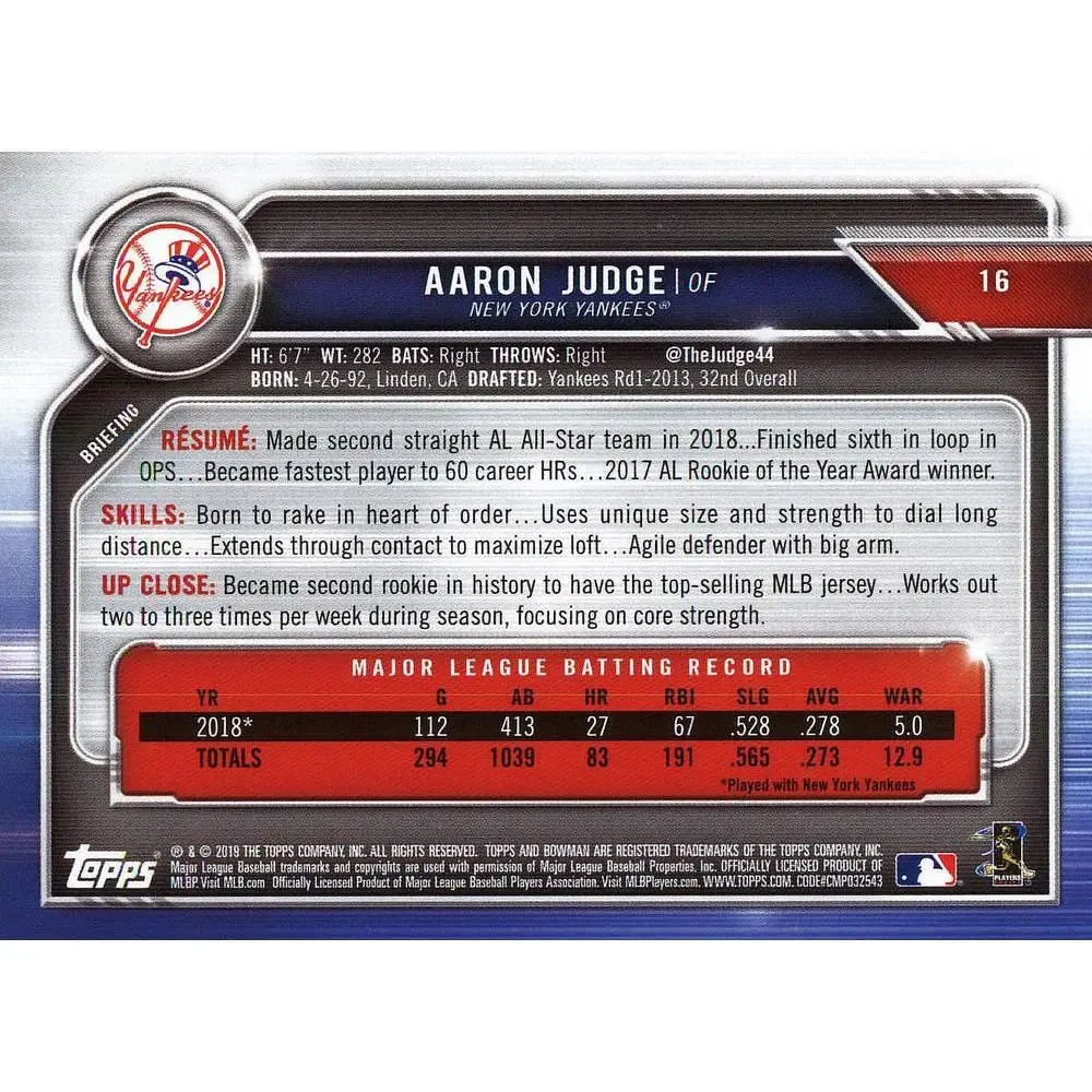 2019 Bowman Aaron Judge #16 New York Yankees